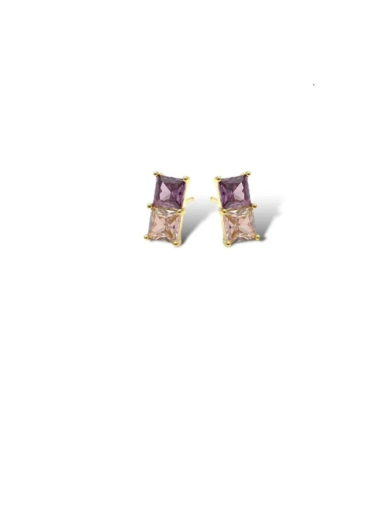 Princess Cut CZ Crystal Aurora Stud Earrings - Purple/Blush