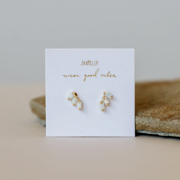 Tiny Climber Offset Trio Stack Stud Earrings - White Opal