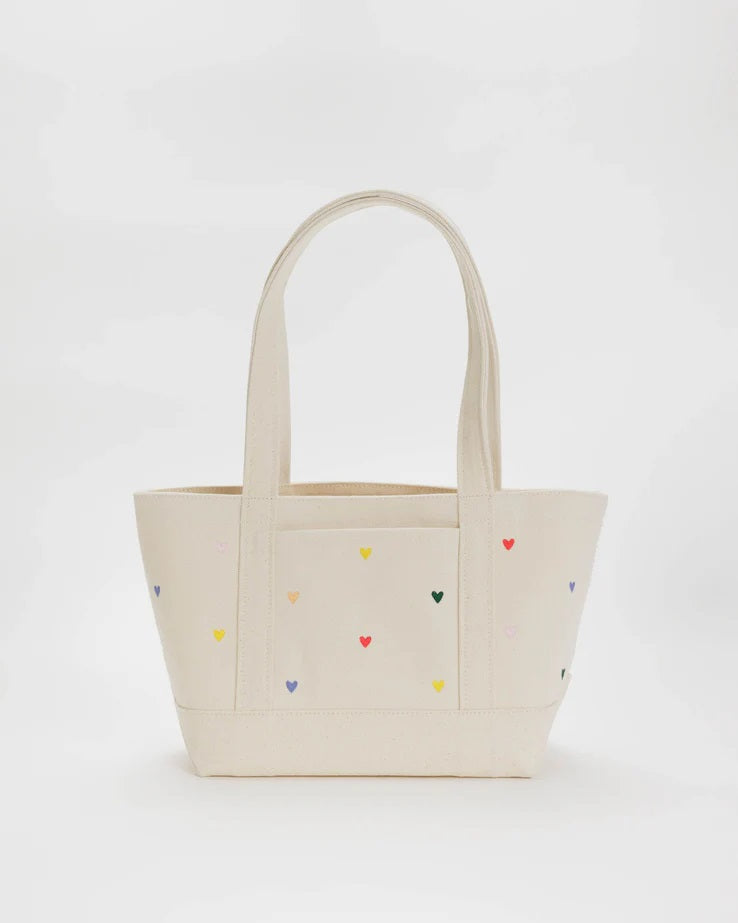 Small Heavyweight Canvas Boat Tote - Embroidered Hearts