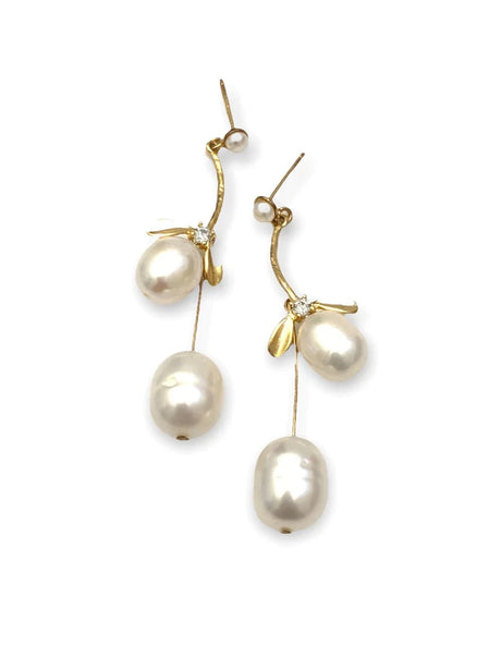 Two-Tier Freshwater Pearl Botanical CZ Dangle Earrings