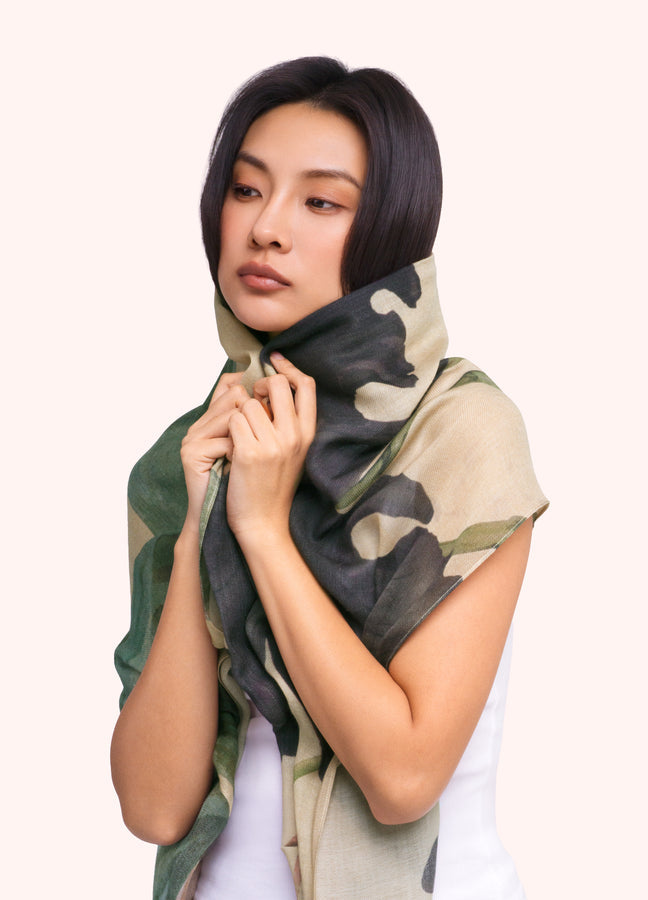 Wool Blend Wrap Scarf in Midnight Orchid on Model