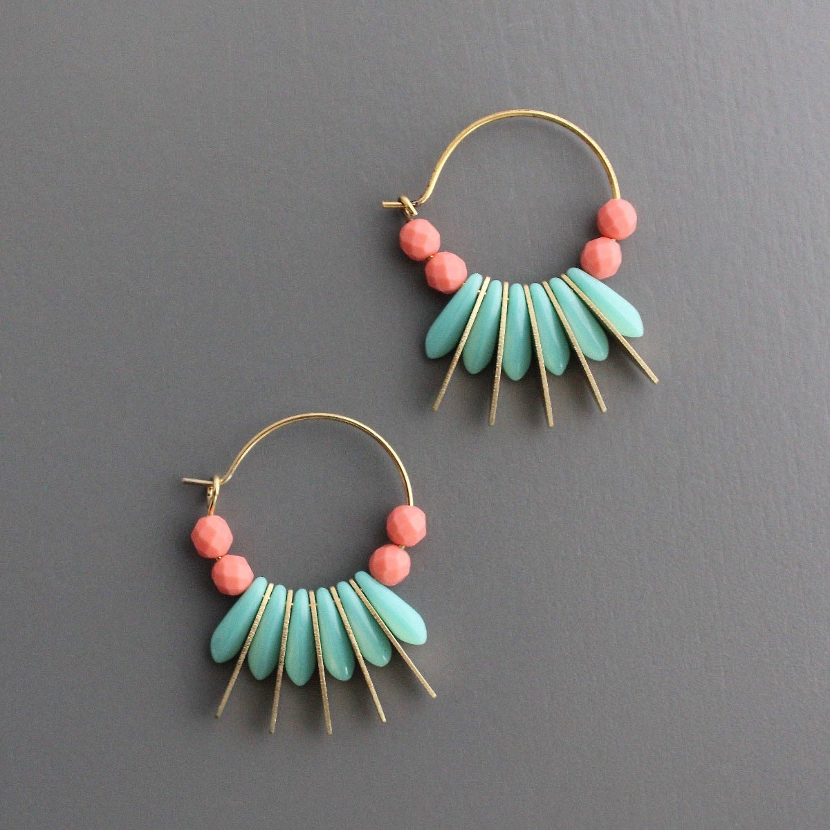 Coral & Turquoise Spear Hoop Earirngs