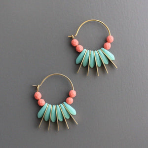 Coral & Turquoise Spear Hoop Earirngs
