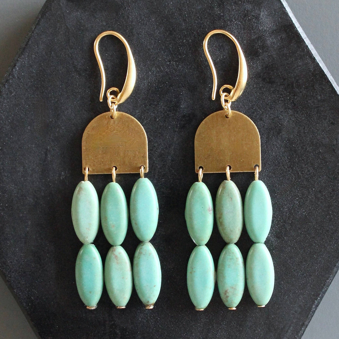 Turquoise & Brass Shield Dangle Earrings