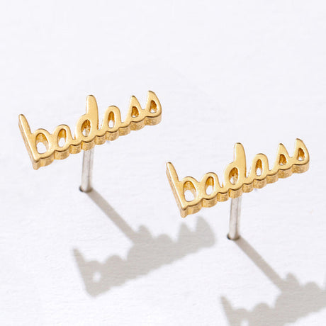 14K Gold Plated Badass Script Stud Earrings