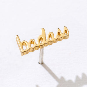 14K Gold Plated Badass Script Stud Earrings Single Close Up Detail