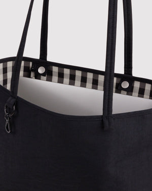 Medium Nylon Reversible Tote Bag - Black Gingham Mix