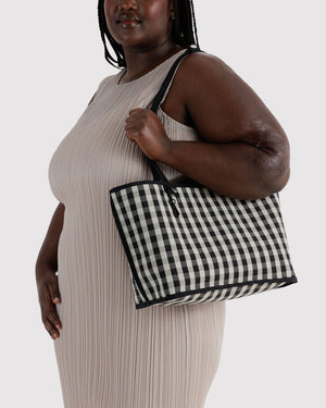 Medium Nylon Reversible Tote Bag - Black Gingham Mix