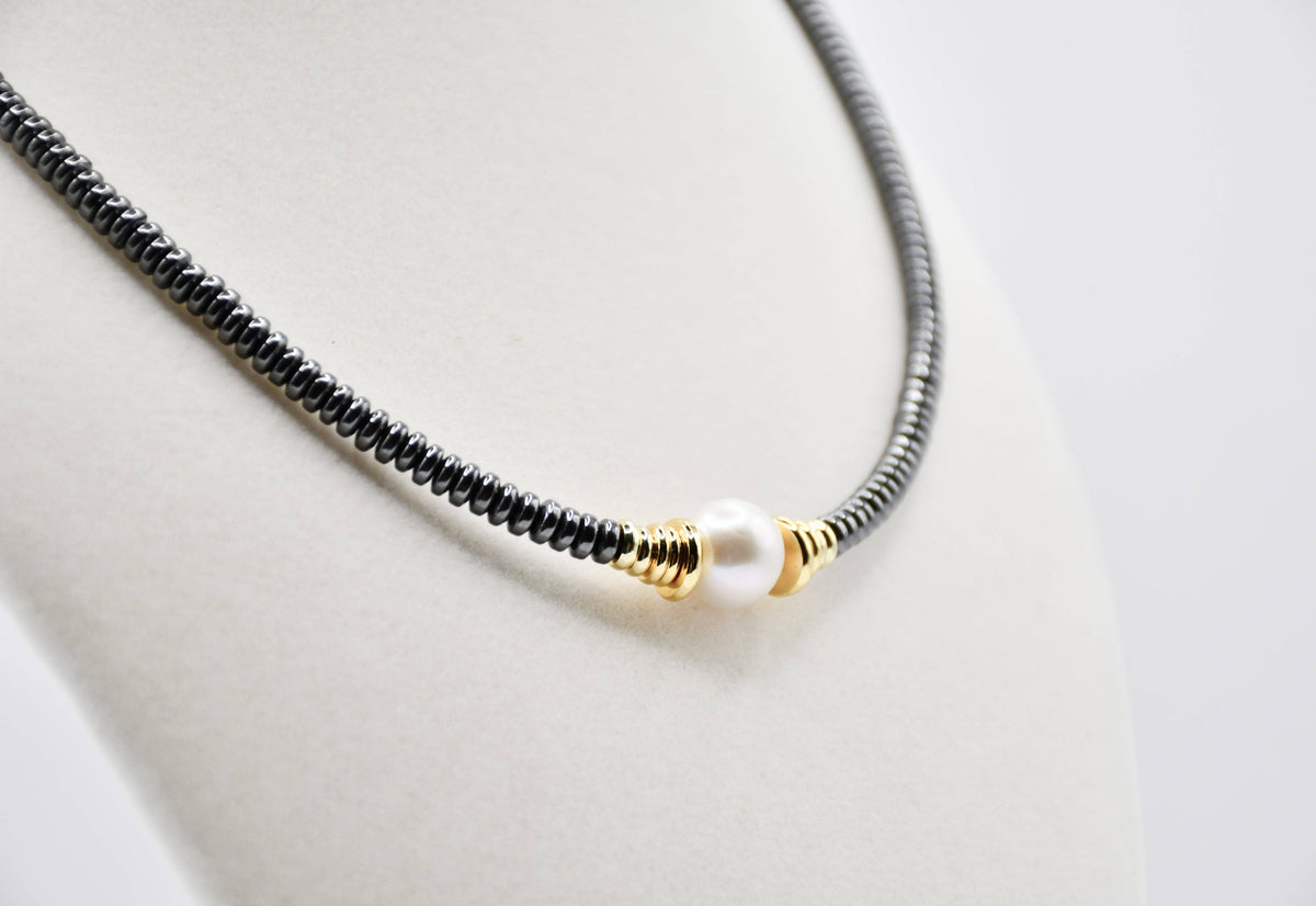 Dark Hematite & Freshwater Pearl Necklace