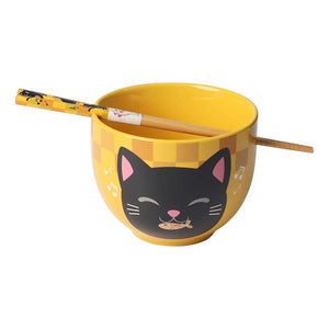 Japanese Noodle Bowl with Chopsticks Set - Neko Yellow