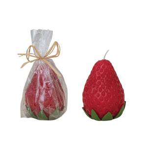 Unscented Strawberry Shaped Candle, Red & Green (Est. Burn Time 12 Hours)