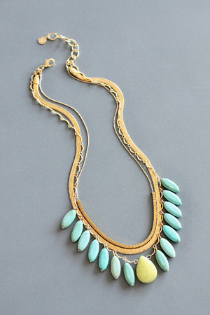 Turquoise & Jade Triple Strand Snake Chain Necklace