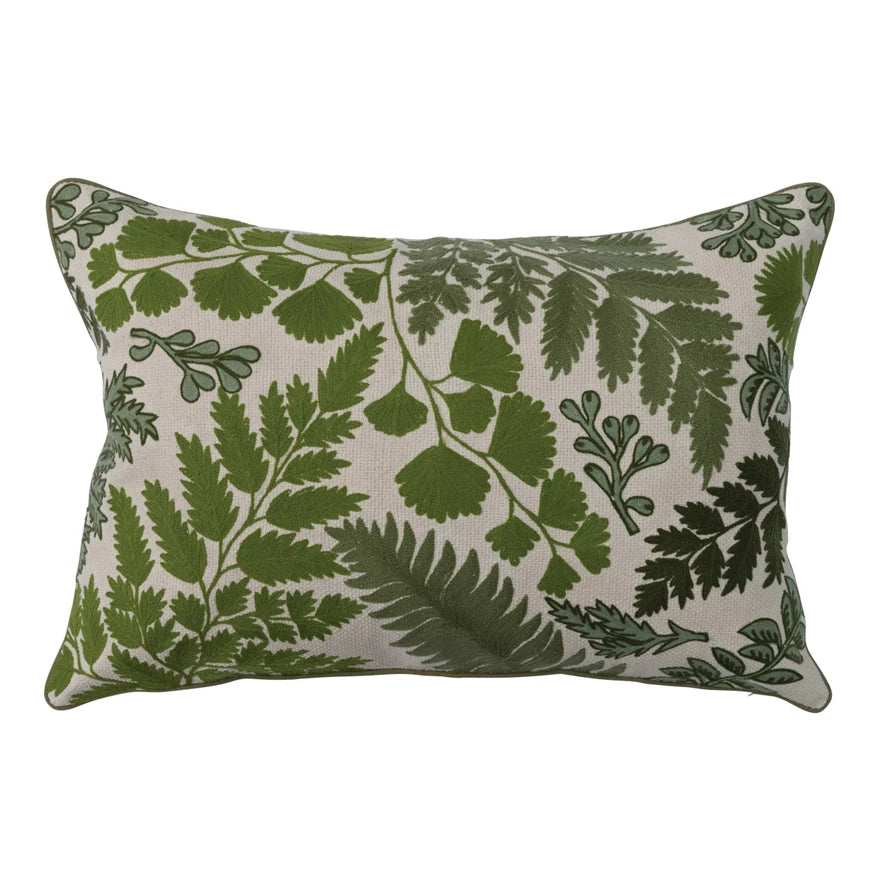 Botanical Fern Embroidered Lumbar Pillow 24" x 16"