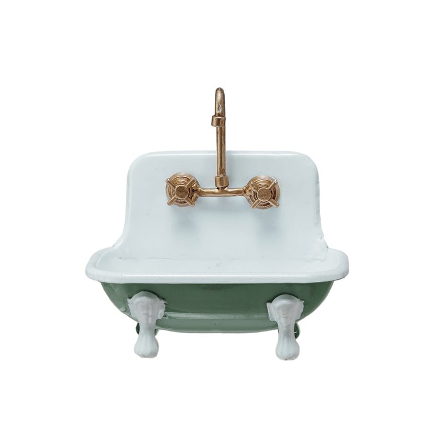 Metal Sink Soap Dish with Faucet & Knobs - White/Green/Gold