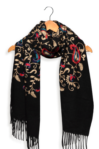 Embroidered Paisley Fringe Scarf - Black