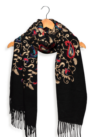 Embroidered Paisley Fringe Scarf - Black