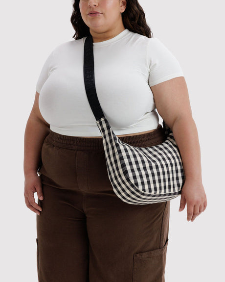 Medium Nylon Crescent Bag - Black and Cream Gingham