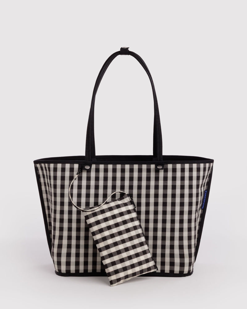Large Nylon Reversible Tote Bag - Black Gingham Mix