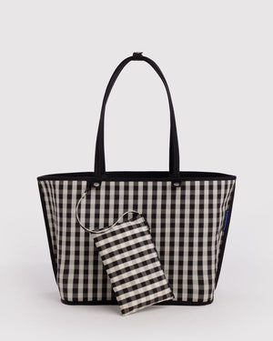 Large Nylon Reversible Tote Bag - Black Gingham Mix