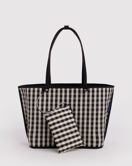 Large Nylon Reversible Tote Bag - Black Gingham Mix