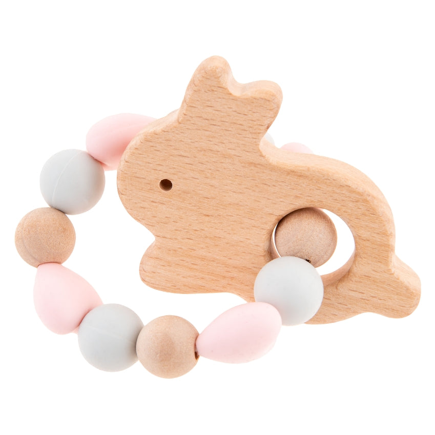 Silicone & Beechwood Animal Teether Ring Toy