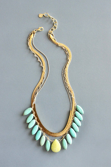 Turquoise & Jade Triple Strand Snake Chain Necklace