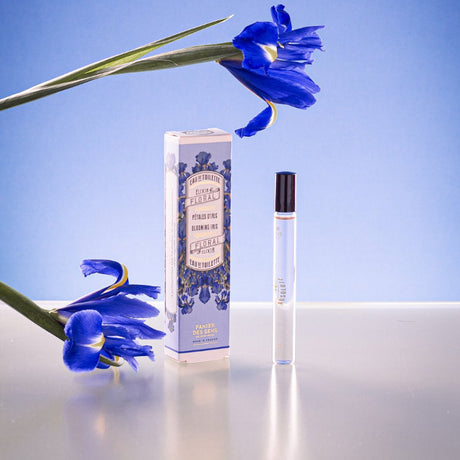 Eau de Toilette Roll-On Perfume - Blooming Iris with a blue iris and blue background