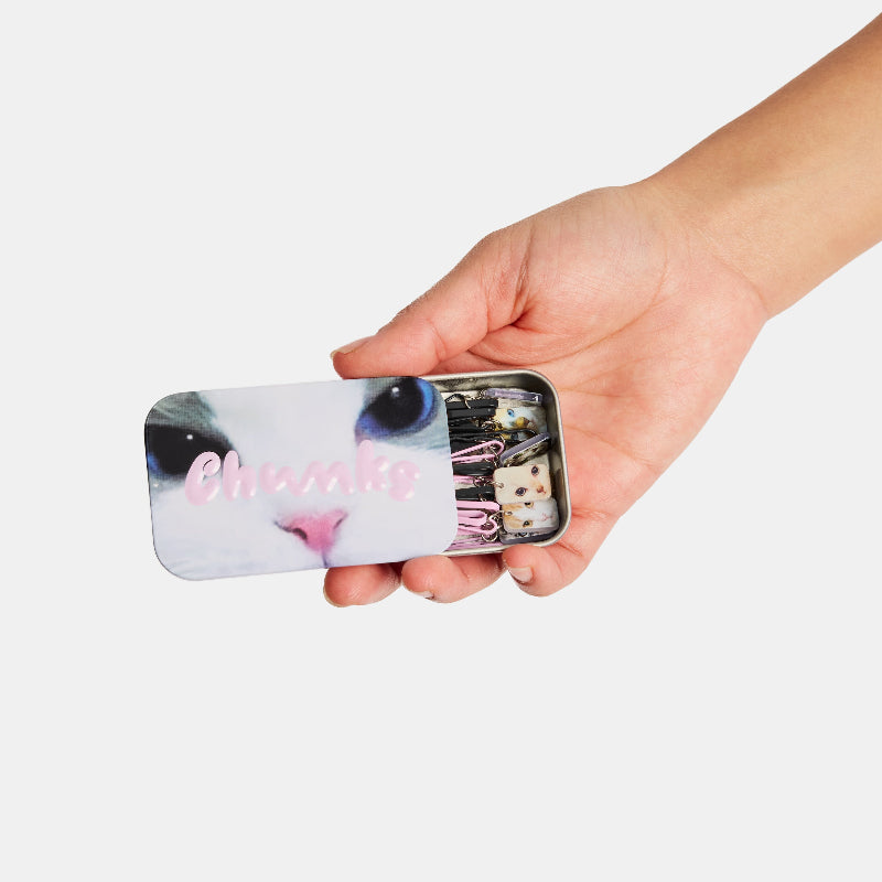 Chunks Kitty Bobby Pins Set of 8 in cute Chunks Cat Tin in hand on white background