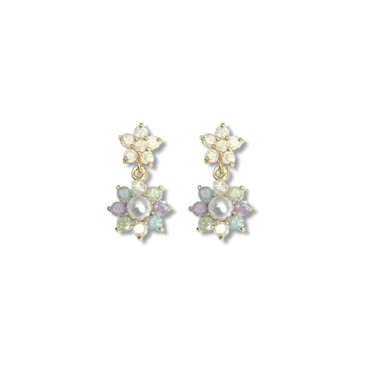Tiny Flora Icy CZ & Pearl Drop Earrings
