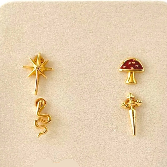 Mismatched Gold Plated Eclectic Quad Stud Earrings Set