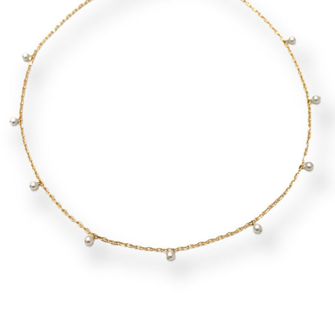 Tiny Seed Pearl Dangling Charm 14K Gold Plate Necklace