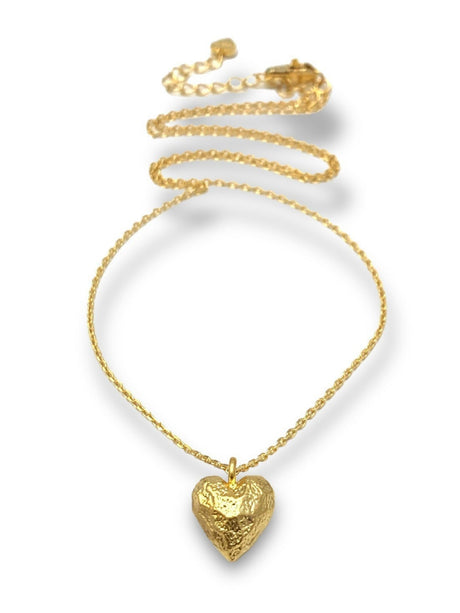 Matte Gold Hammered Puffy Heart Long Pendant Necklace