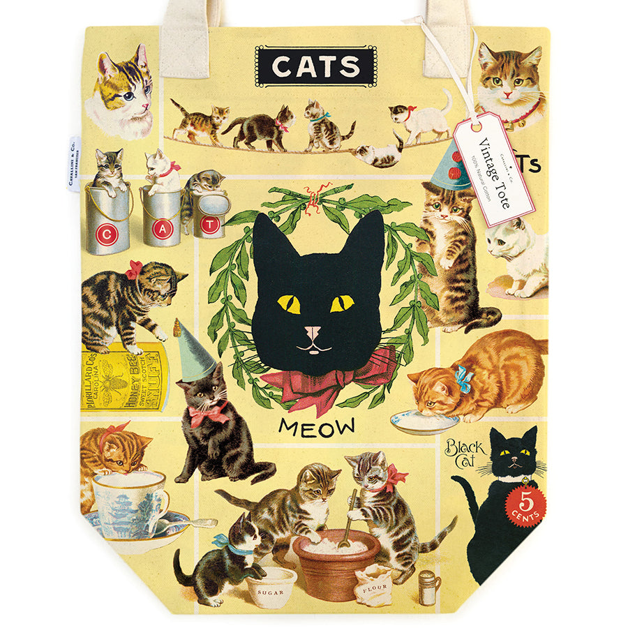 Vintage Print Canvas Tote Bag - Vintage Cats