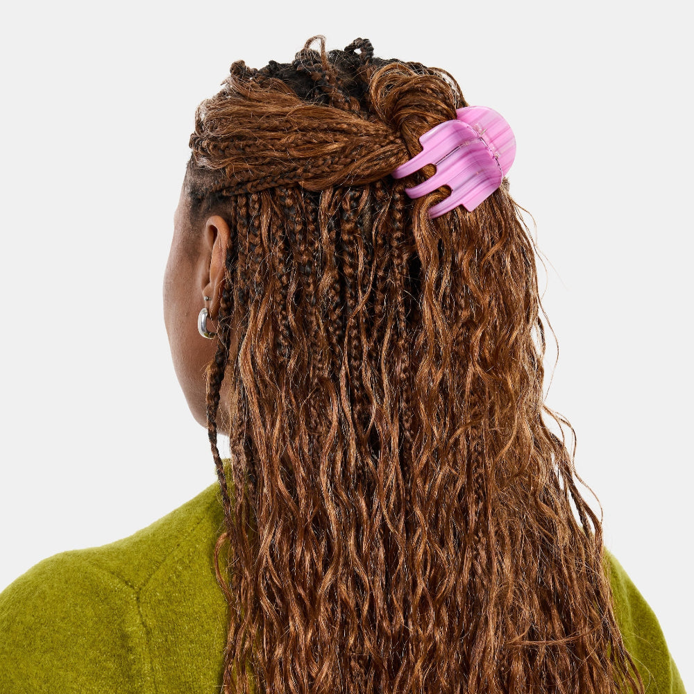 Chunks Hair Claw Clip in Petunia Multicolor Striped Pink in a half up half down hairstyle