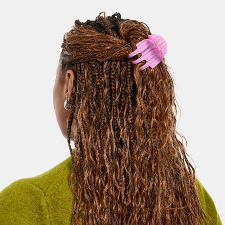 Chunks Hair Claw Clip in Petunia Multicolor Striped Pink in a half up half down hairstyle