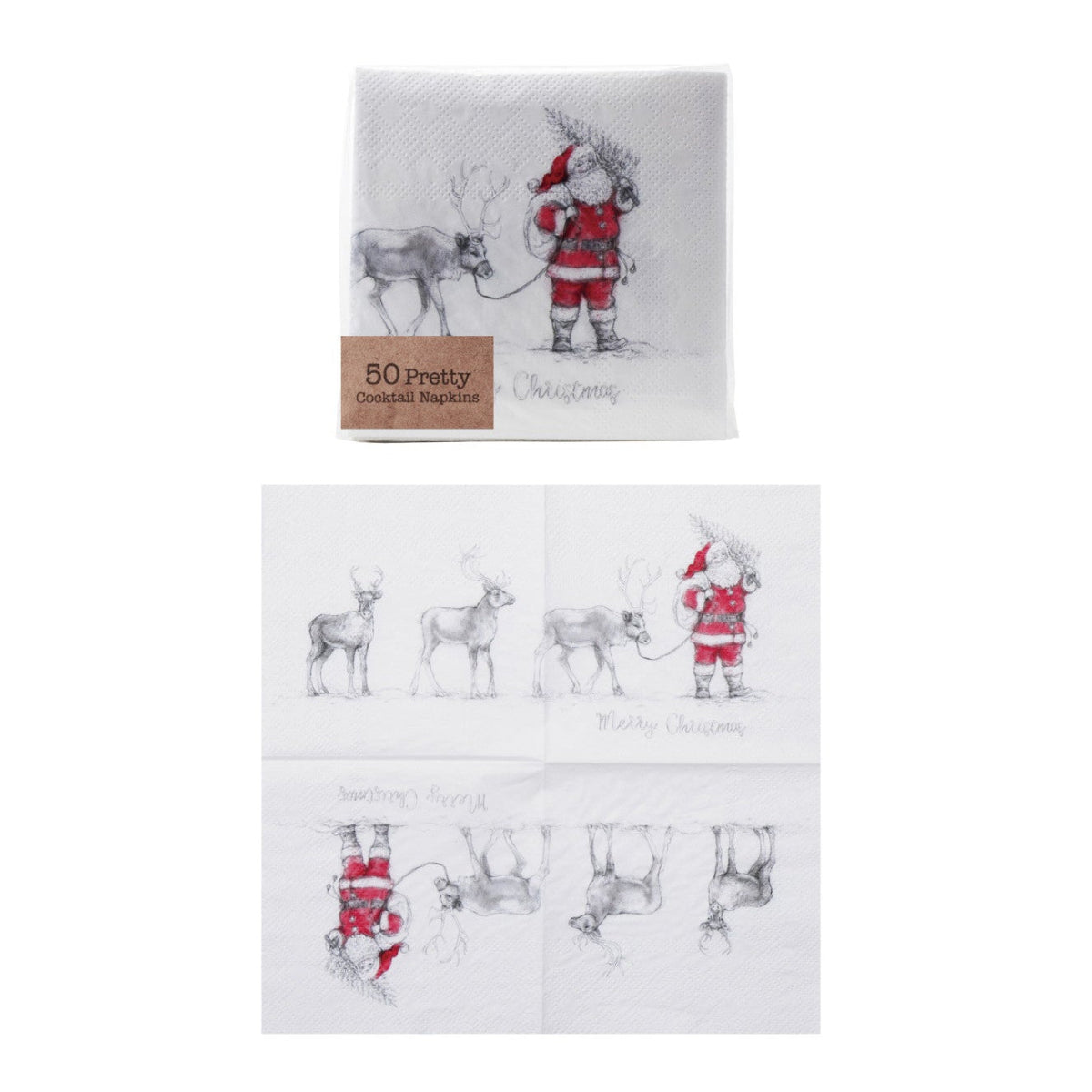 Paper Cocktail Napkins - Holiday Santa Leading Reindeer