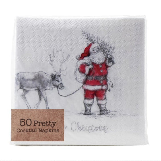 Paper Cocktail Napkins - Holiday Santa Leading Reindeer
