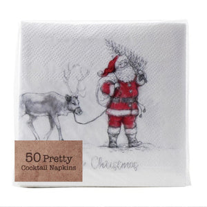 Paper Cocktail Napkins - Holiday Santa Leading Reindeer
