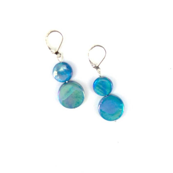 Mother of Pearl Iridescent Coin Drop Dangle Earrings - Turquoise