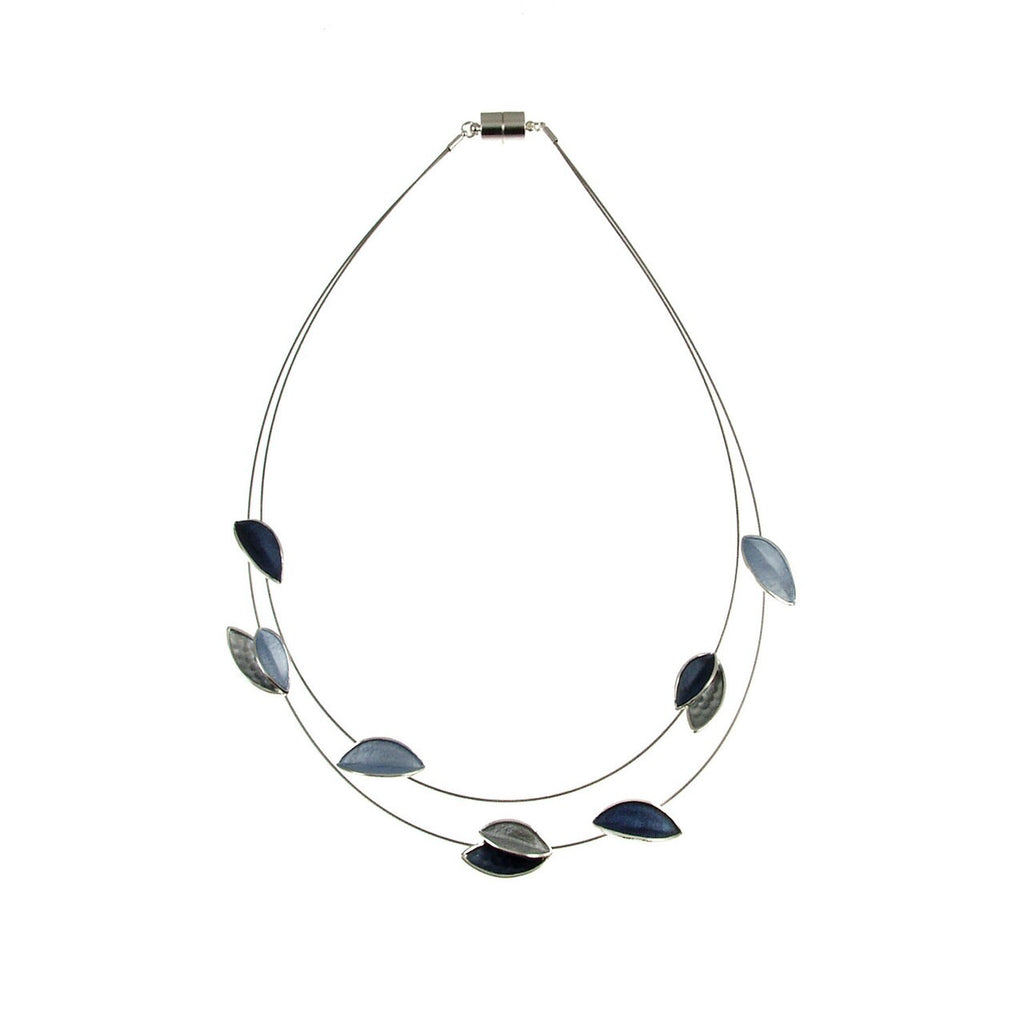 Dark Blue Light Blue Grey Color Matte Enamel Leaf Magnetic Clasp Necklace