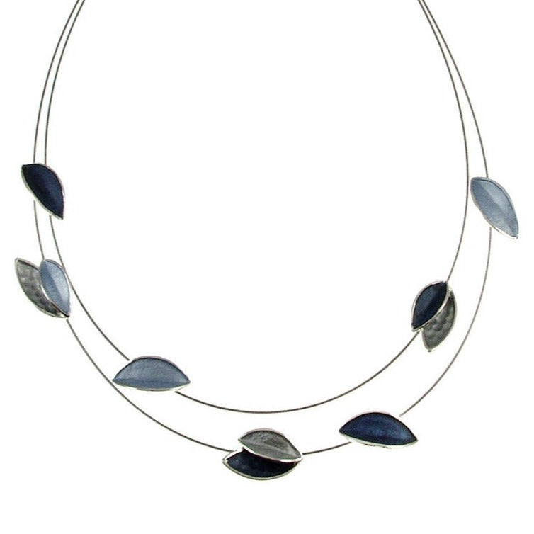 Dark Blue Light Blue Grey Color Matte Enamel Three Dimensional Leaf Magnetic Clasp Necklace