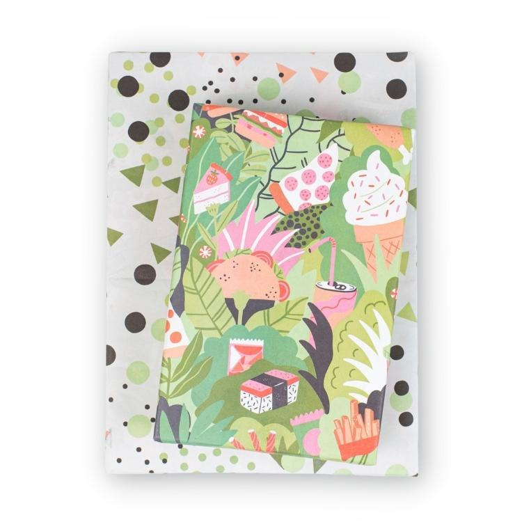 Wrappily Eco Gift Wrapping Paper. Double Sided Newsprint Made in the USA. Plants 'n Junk/Geo Dots.