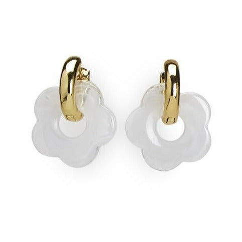 Gold Plate Hoop Earring With Resin Flower Charm White Opal