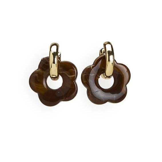 Gold Plate Hoop Earring With Resin Flower Charm Tortoise Brown