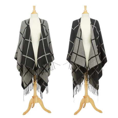 Both Sides Super Soft Reversible Cape with Grey and Black Windowpane Plaid Combination (one size fits most) - Polyester