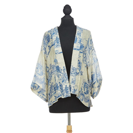 Blue and white ancient column short kimono designed by 100 hundred stars in england