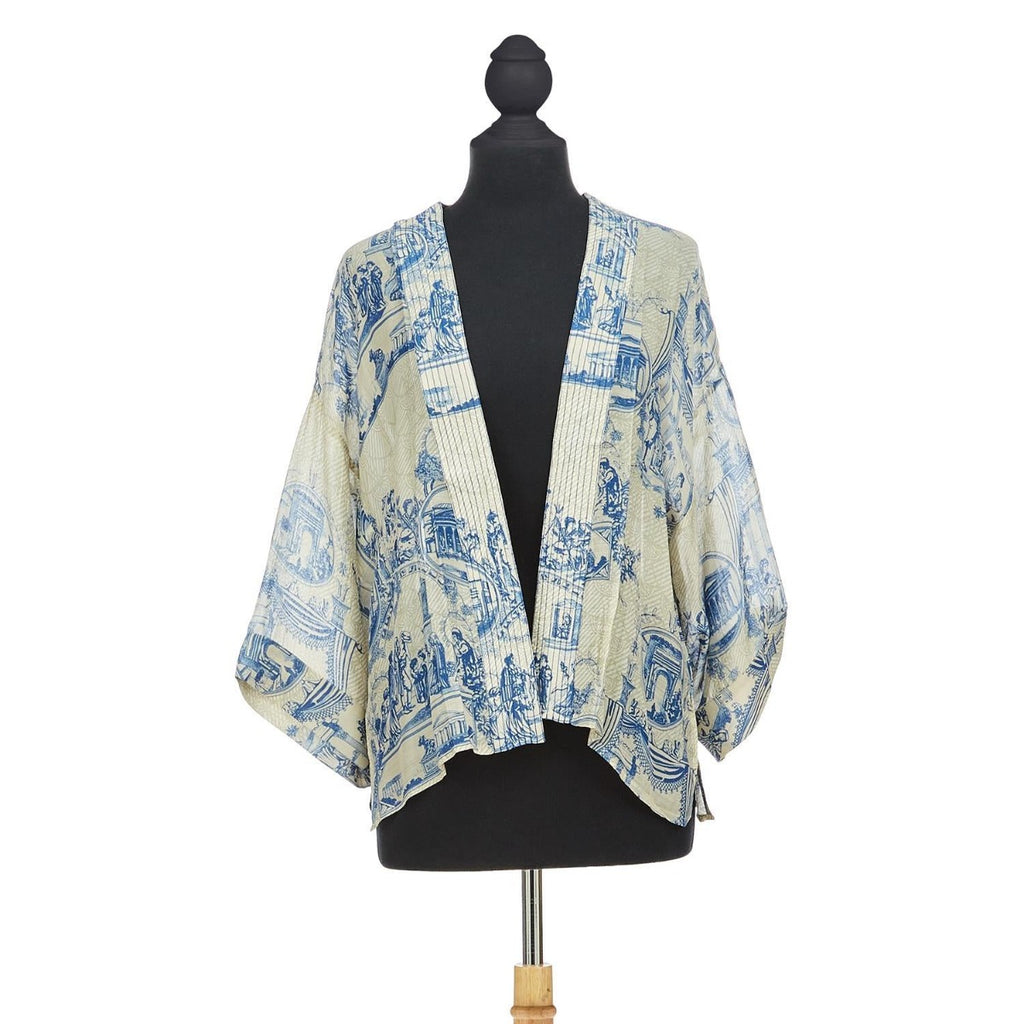 Blue and white ancient column short kimono designed by 100 hundred stars in england