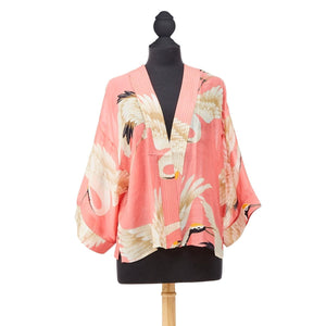 Pink Peony Heron Printed Short Kimono