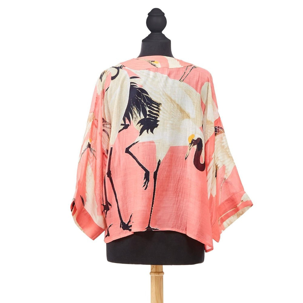 Pink Peony Heron Printed Short Kimono - Back View
