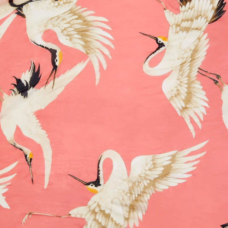 Close Up View of Print of Pink Peony Heron Printed Short Kimono